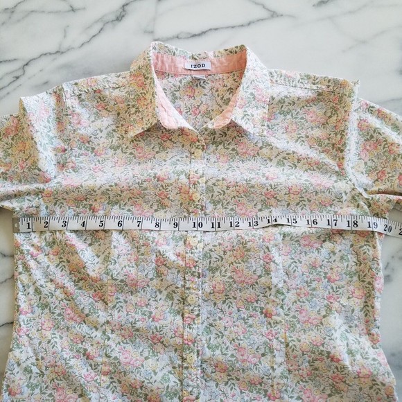 Vtg Izod Womens M Button Up Blouse Cottage Core Shirt Top ¾ Sleeve Floral Pink - Picture 6 of 8